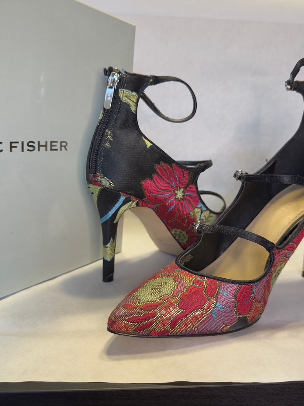 Marc Fisher Floral Embroidered Strapy Heels, Black/Red, Sz 11